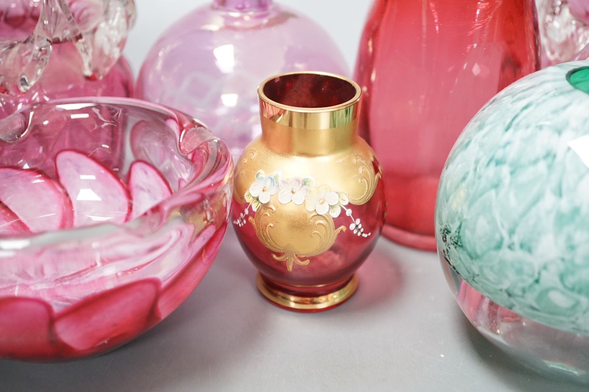 A group of small Cranberry and green glass vases, bowls etc. (12)